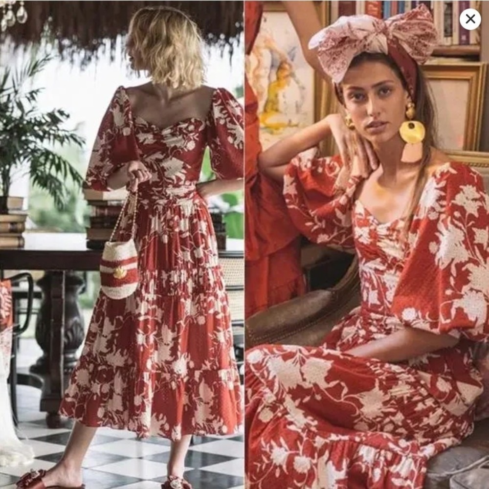 Johanna‎ Ortiz Tiered Midi Dress Womens Size 0 Red Cream Floral Puff Sleeve